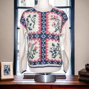 Vintage 90s Carolina Colours Floral Windowpane Knit Grandma Sweater Small